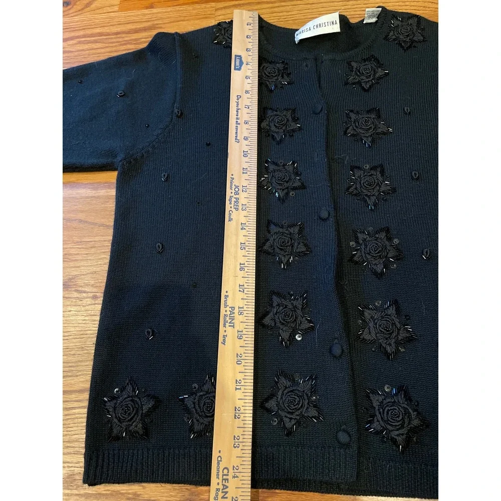 Marisa Christina Women Cardigan Large Black Beaded Floral Wool Blend Sweater‎